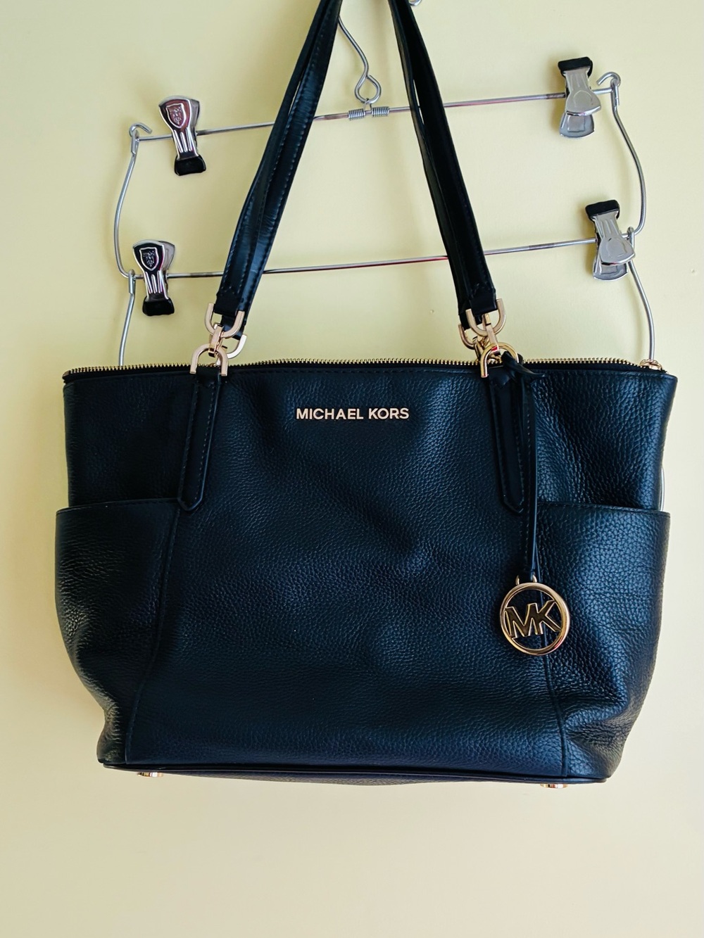 Michael Kors Black Pebbled Leather Tote with Gold Accents